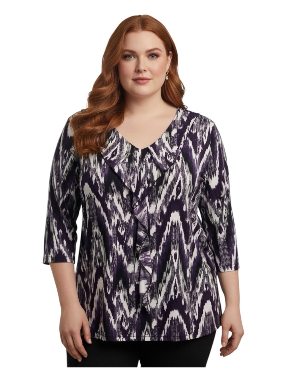 BonWorth Purple and White Ikat Ruffle-Front Blouse